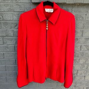 St. John Marie Gray Red Knit Zip Up Jacket With Leopard Print Collar and Cuffs